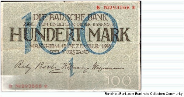 100 Marks
Badische Bank Mannheim  Banknote