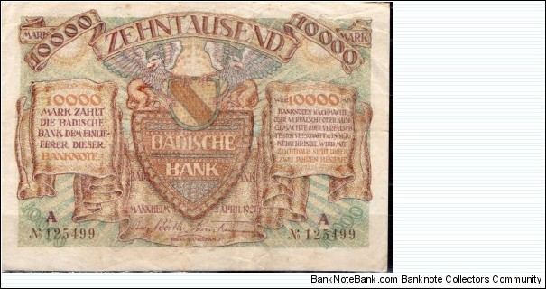 10.000 Marks 
Badische Bank Mannheim  Banknote