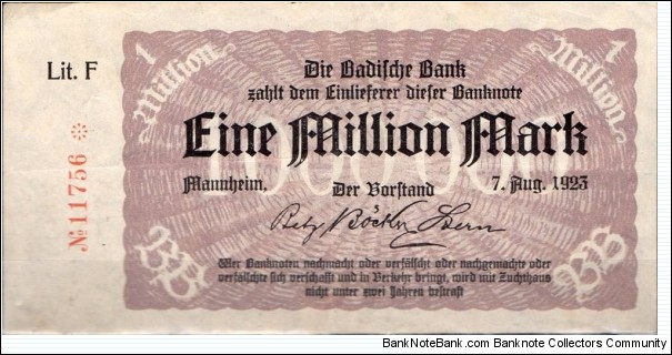 1 Million Marks
Badische Bank Mannheim  
Uniface Banknote