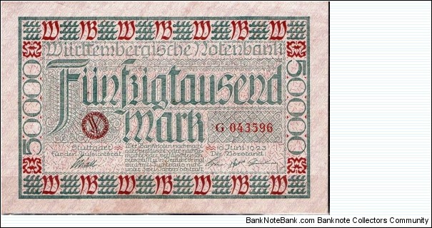 50.000 Marks 
Wurttembergische Notenbank 
Stuttgart  Banknote