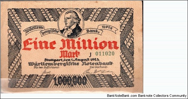 1 Million Marks Wurttembergische Notenbank 
Stuttgart  Banknote