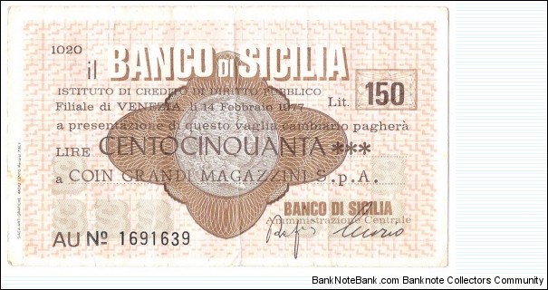 150 Lire(Banco di Sicilia 1977) Banknote