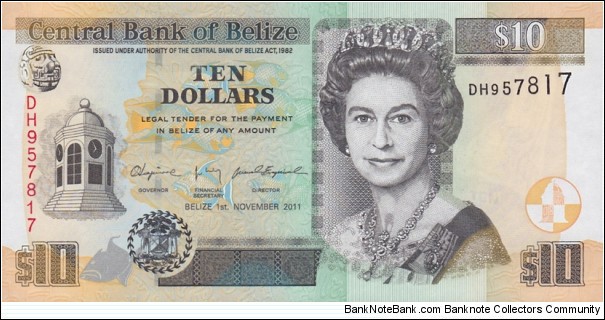 Belize P68d (10 dollars 1/11-2011) Banknote