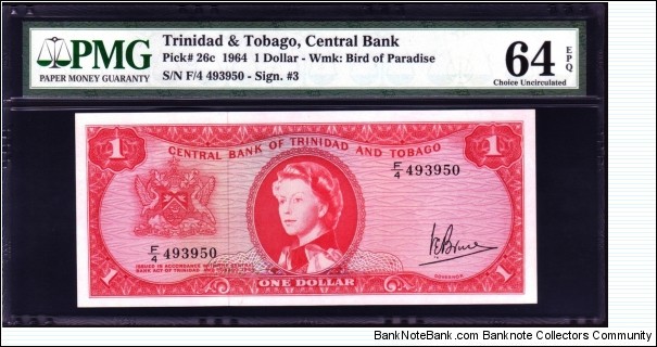 Trinidad & Tobago 1 Dollar 1964 P#26c 64EPQ Banknote