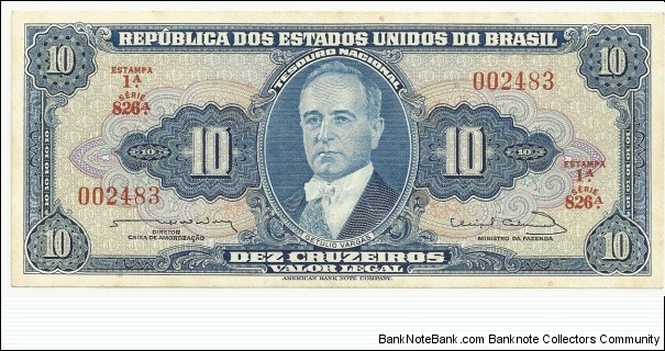 Brasil 10 Cruzeiros Serie A Estampa1 Banknote