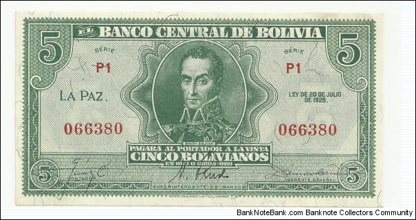 Bolivia 5 Boliviano 1928 Banknote