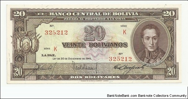 Bolivia 20 Bolivianos 1945 Banknote
