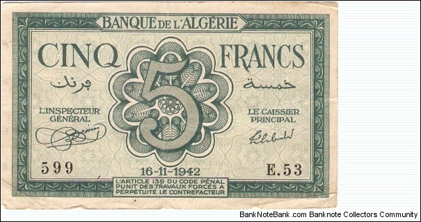 Banknote from Algeria year 1942