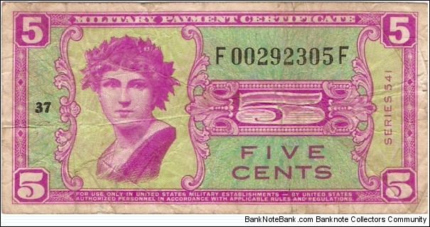 5 Cents Military Payment Certificate Banknote