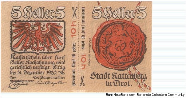 Notgeld Kattenberg 10 (2x 5) Heller Banknote