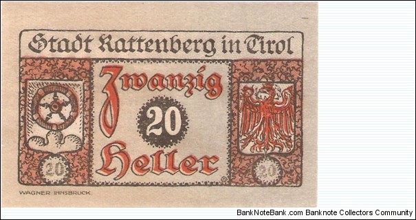 Notgeld Kattenberg 20 Heller Banknote