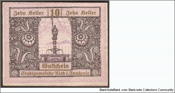 Notgeld Ried im Innkreis 10 Heller Banknote
