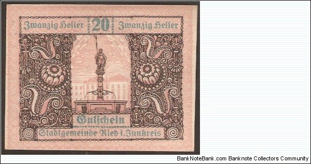 Notgeld Ried im Innkreis 20 Heller Banknote