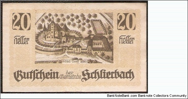 Notgeld Schlierbach 20 Heller Banknote