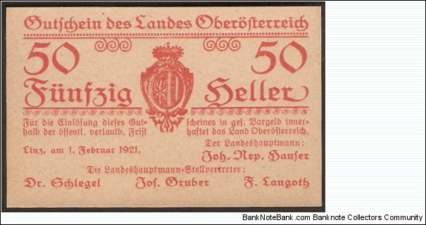 Notgeld Oberösterreich 50 Heller Banknote