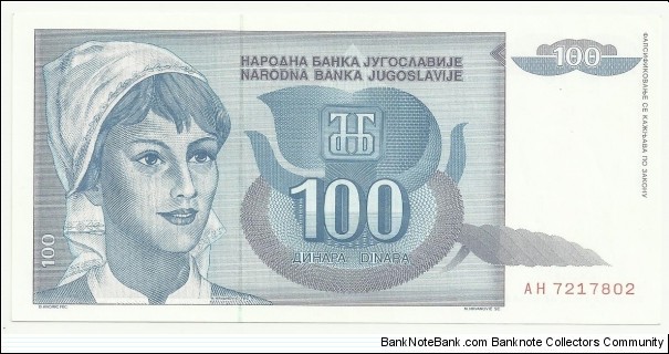 YugoslaviaBN 100 Dinara 1992 Banknote