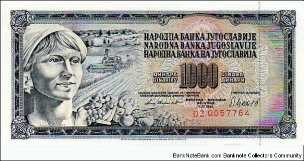 Narodna Banka Jugoslavije - 1000 Dinara Banknote