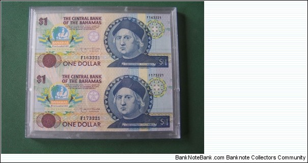 Commemorative Bank Notes from 1992 celebrate the Bahamian landing of Christopher Columbus in 1492 -- the 500 year Quincentennial celebration.  Notes are inside a hard plastic protective case and come with original paperwork certifying authenticity, and giving detailed information about the note itself.  Comes in original box.  Hard plastic case and outer box are in almost perfect condition. Certificate of authenticity photo and number available by email. Banknote
