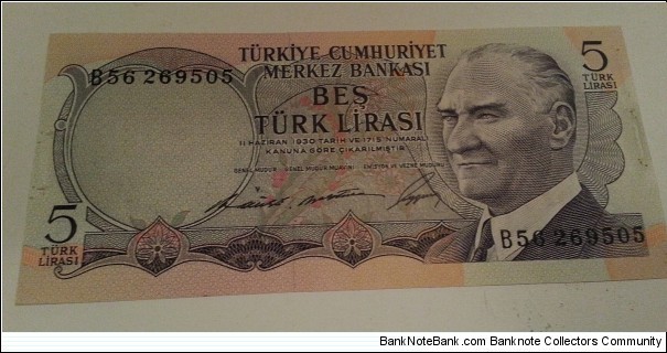 5 lira 1968 circulated bank note, condition best judged by appearance Banknote