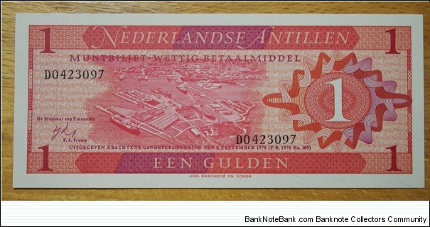 Netherlands Antilles | 
1 Gulden, 1970 | 

Obverse: Aerial view of the harbour | 
Reverse: National Coat of Arms | Banknote