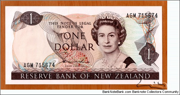 New Zealand | 
1 Dollar, 1981-1985 | 

Obverse: Queen Elizabeth II | 
Reverse:Clematis plant, and Fantail bird | 
Watermark: Captain James Cook | Banknote
