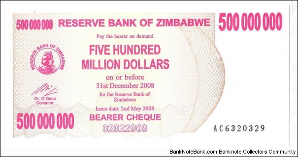 500.000.000 Dollars(EMERGENCY BEARER CHECK/ SECOND DOLLAR 2008)  Banknote