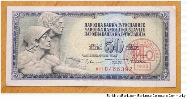 Yugoslavia | 
50 Dinara, 1978 - TITO-stamp | Obverse: Relief of Mestrović TITO-stamp with date 1980 | Reverse: Value in the languages of the Yugoslav Republic | Banknote