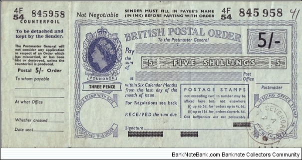 England 1961 5 Shillings postal order.

Issued at Sevenoaks (Kent). Banknote