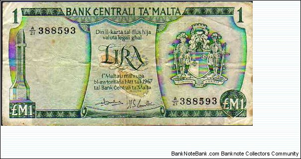 1 Pound / Lira__
pk# 31 c__
L. 1967 Banknote