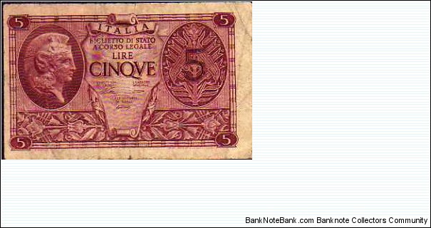 5 Lire__
pk# 31 a__
Royal Decree 20.05.1935__
Ministerial Decree 23.11.1944__
sign.Ventura / Simoneschi / Giovinco Banknote