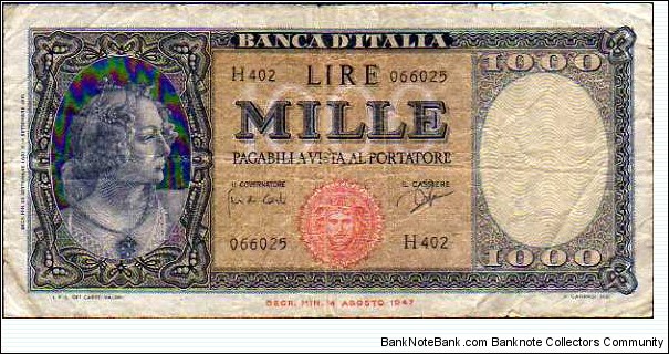 1.000 Lire__
pk# 88 d__
1948-1961__
sign. Carli & Ripa Banknote