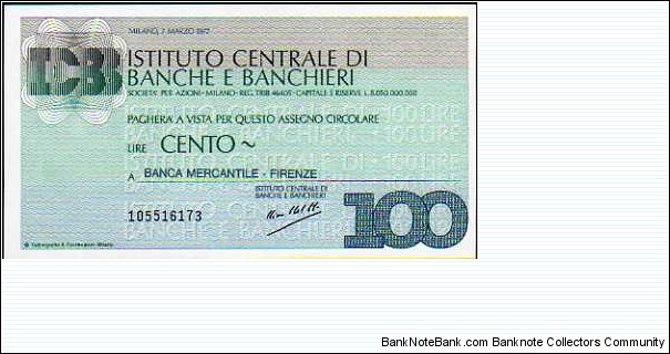 100 Lire Pk NL (Emergency Notes_ Local Mini-Check- Istituto Centrale di Banche e Banchieri 07-03-1977) Banknote