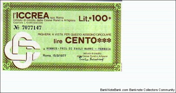 *Emergency Notes __ Local Mini-Check* __ 200 Lire __ pk# NL __ 
ICCREA__
Roma 15.03.1977 Banknote