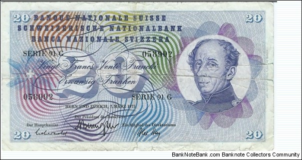 20 Franken / Francs / Franchi__
pk# 46 u (2)__
07.03.1973__
signatures: Brenno Galli / Alexandre Hay / Aebersold Banknote