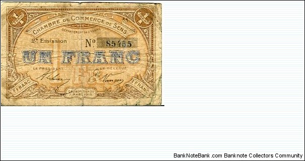 1 Franc__
pk# NL__
Chambre de Commerce de Sens__
05.06.1916 Banknote