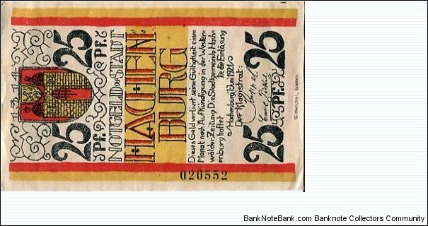 *NOTGELD*__
25 Pfenning__
pk# NL__
Hachenburg 01.06.1921 Banknote