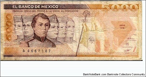 5.000 Pesos__
pk# 88 b__
24.02.1987__
series HV Banknote