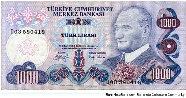 1.000 Türk Lirası__
pk# 191 (2)__
L. 1970__
(1971-1982) Banknote