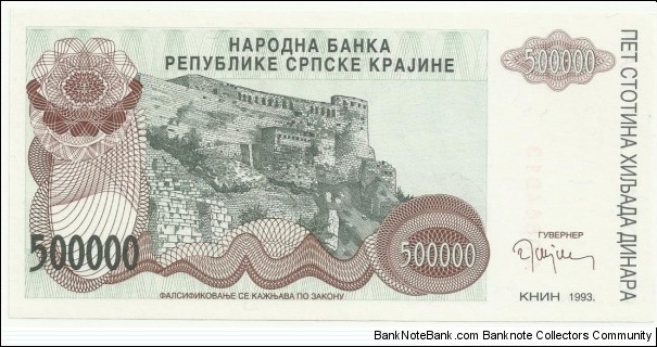 Krajina Serbia BN 500.000 Dinara 1993 Banknote