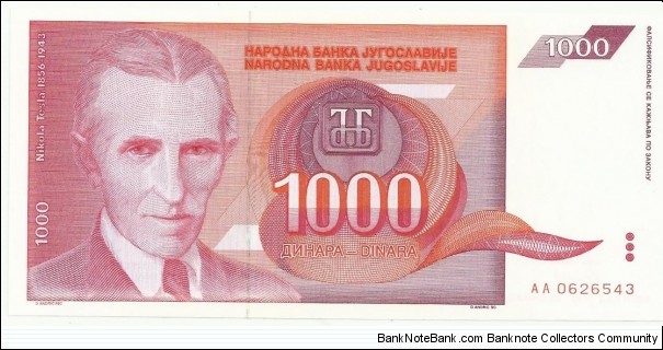 YugoslaviaBN 1000 Dinara 1992 Banknote
