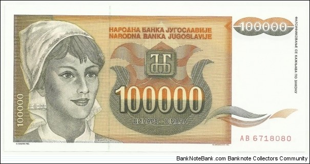 YugoslaviaBN 100000 Dinara 1993 Banknote