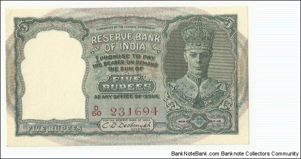 Reserve Bank of India 5 Rupees(1.type) George VI ND(1943) Banknote