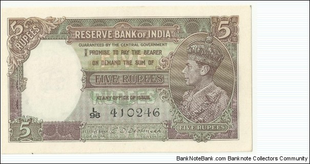 Reserve Bank of India 5 Rupees(2.type) George VI ND(1937) Banknote