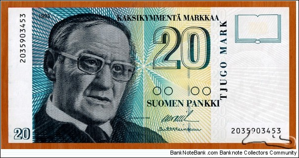 Finland | 
20 Markkaa, 1993 | 

Obverse: Portrait of the author Väinö Linna (1920-1992) | 
Reverse: Tampere street view | 
Watermark: Väinö Linna | Banknote