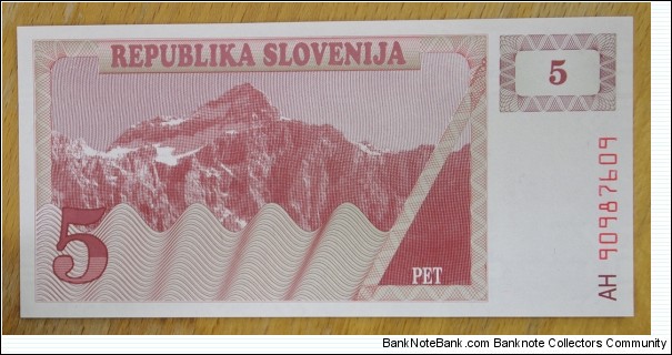 Slovenia | 
5 Tolarjev, 1990 | 

Obverse: Triglav mountain (2,864 m.), the highest peak of the Julian Alps | 
Reverse: Knežji Kamen – The Prince's Stone at Klagenfurt Landhaus, and The Carniolan honey bee on an underprint of a honeycomb | 
Watermark: Repeated symmetrical crosses | Banknote