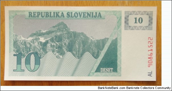 Slovenia | 
10 Tolarjev, 1990 | 

Obverse: Triglav mountain (2,864 m.), the highest peak of the Julian Alps | 
Reverse: Knežji Kamen – The Prince's Stone at Klagenfurt Landhaus, and The Carniolan honey bee on an underprint of a honeycomb | 
Watermark: Repeated symmetrical crosses | Banknote