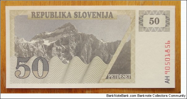 Slovenia | 
50 Tolarjev, 1990 | 

Obverse: Triglav mountain (2,864 m.), the highest peak of the Julian Alps | 
Reverse: Knežji Kamen – The Prince's Stone at Klagenfurt Landhaus, and The Carniolan honey bee on an underprint of a honeycomb | 
Watermark: Repeated symmetrical crosses | Banknote