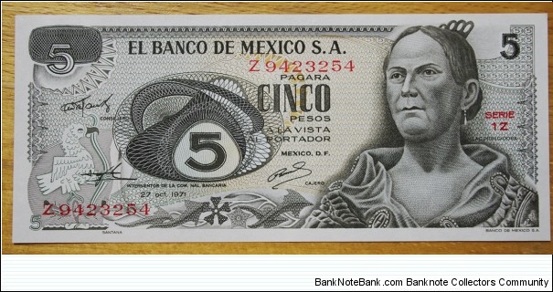 Mexico | 
5 Pesos, 1971 | 

Obverse: Josefa Ortiz de Dominguez | 
Reverse: Arcos de Queretaro, and Queretaro city view | Banknote