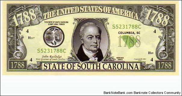 1788 State of South Carolina - pk# NL - ACC American Art Classics - Not Legal Tender  Banknote