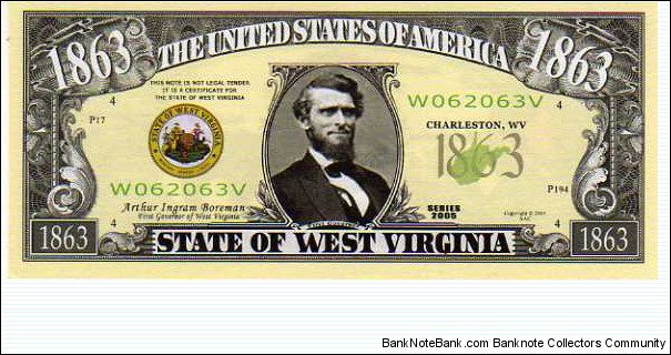 1863 State of West Virginia - pk# NL - ACC American Art Classics - Not Legal Tender  Banknote